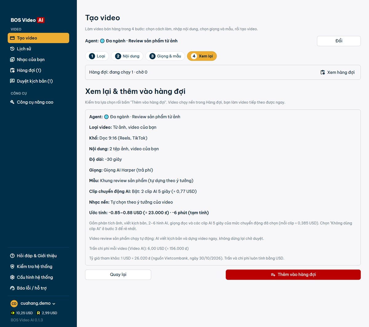 Review screen with cost estimate and the Add to queue button